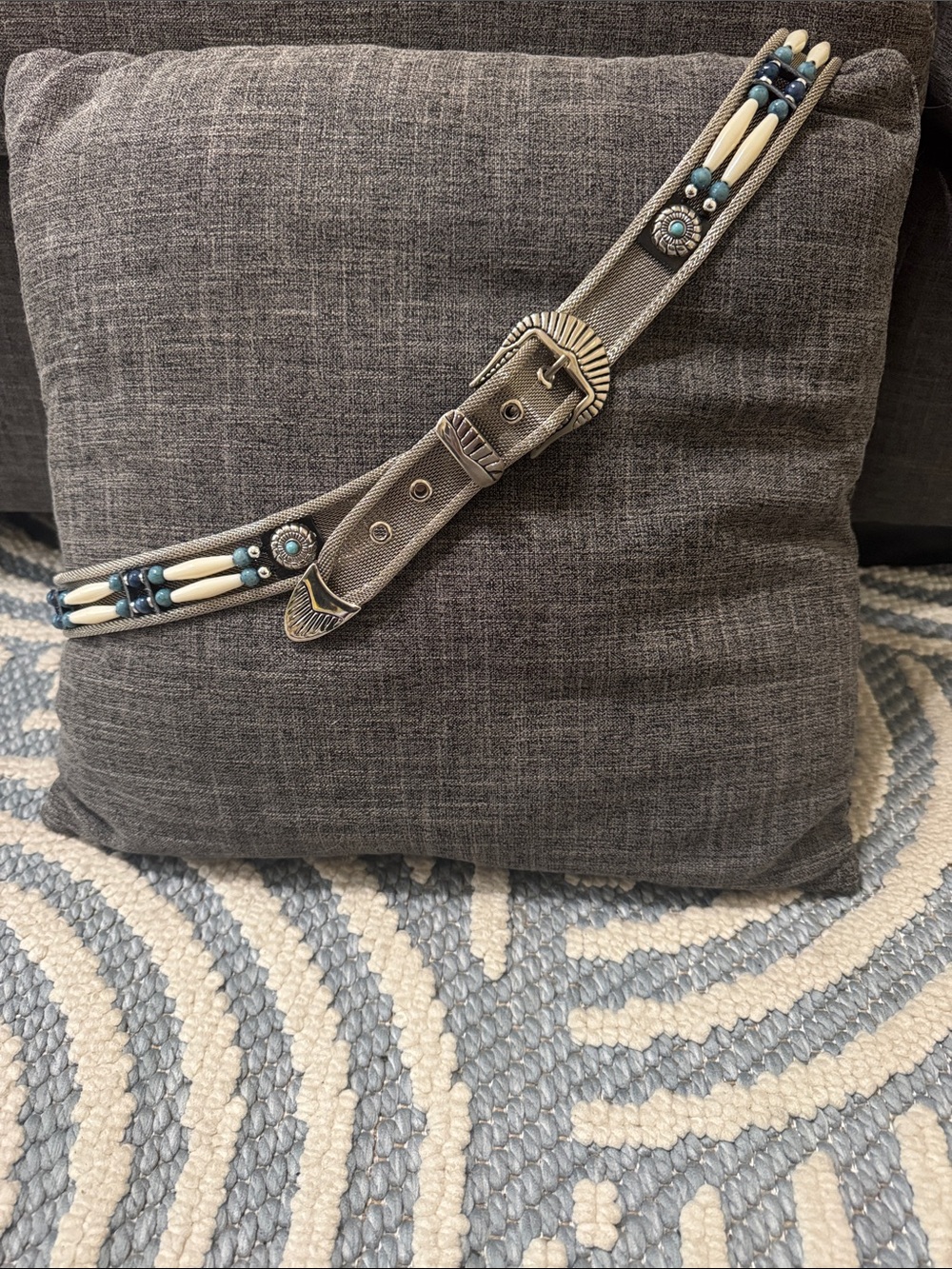 Vintage Western Concho Beaded Belt XL Silver Turquoise